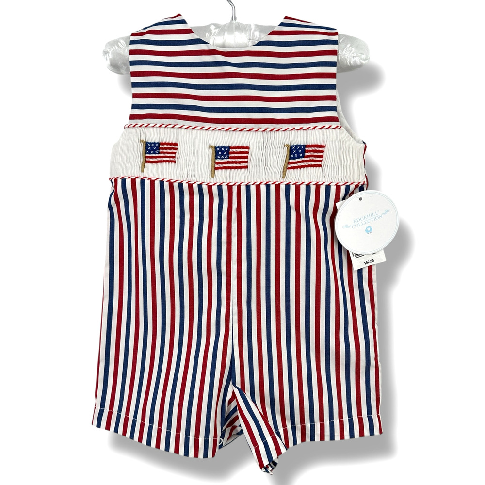 Edgehill Collection Patriotic USA Flag Embroidered Smocked Romper Boys Sz 6 Mos